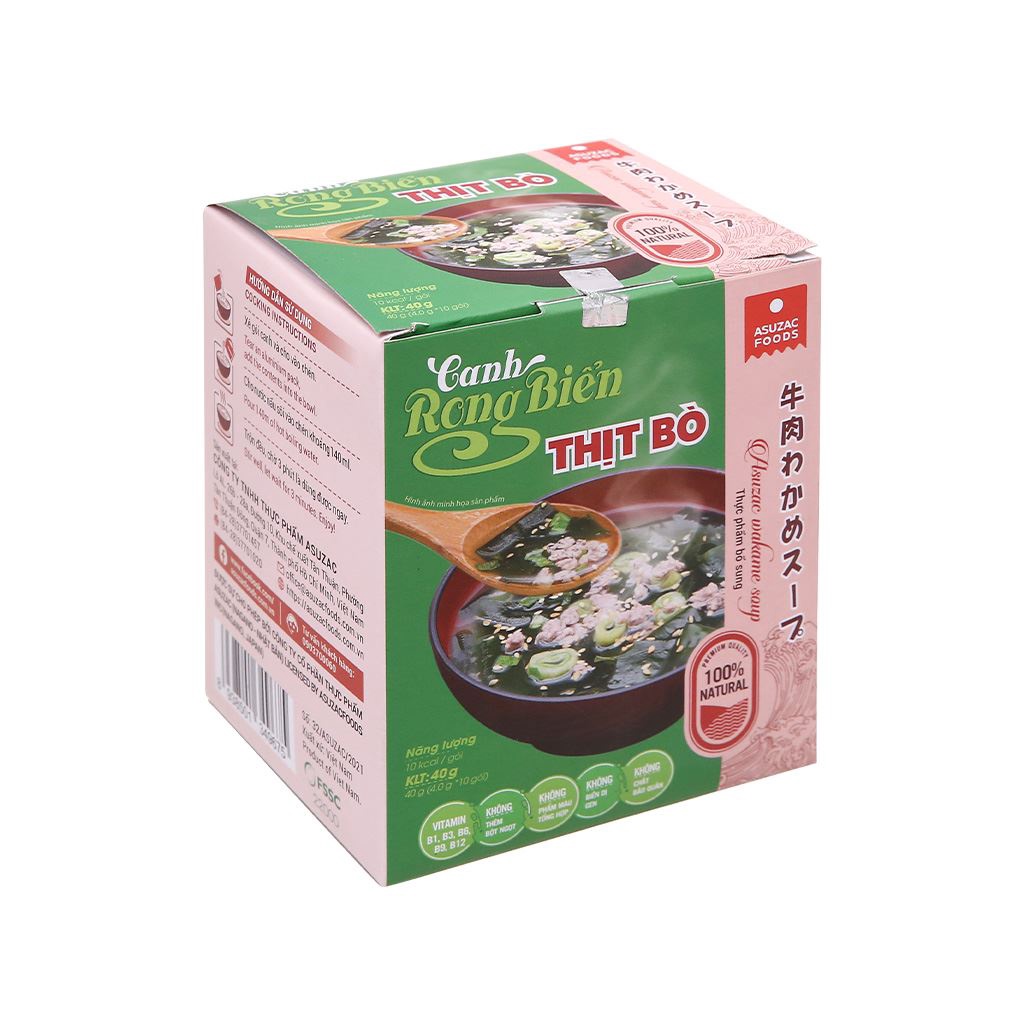 Hộp 10 gói canh rong biển thịt bò Asuzac 4g thơm ngon bổ dưỡng được đóng gói nhỏ gọn, tiện lợi và dễ dàng sử dụng