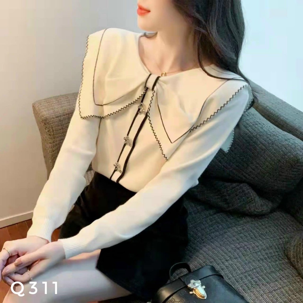 Áo len cổ nơ đá