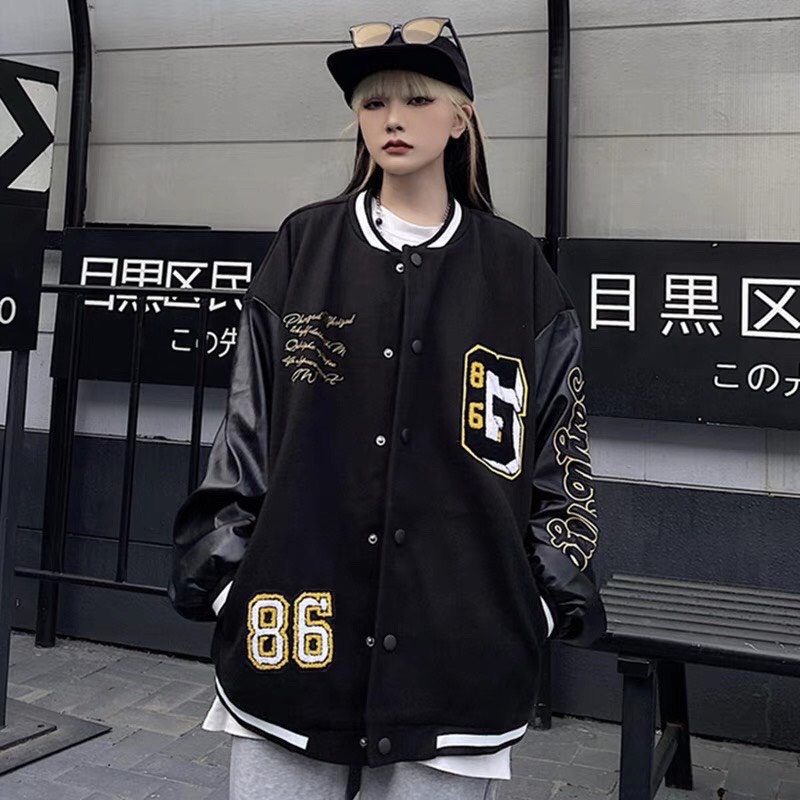 Khoác Bomber Nỉ Phối Da Số 86 Chữ G Dáng Rộng Da Viền Cổ Nam Nữ Basic
