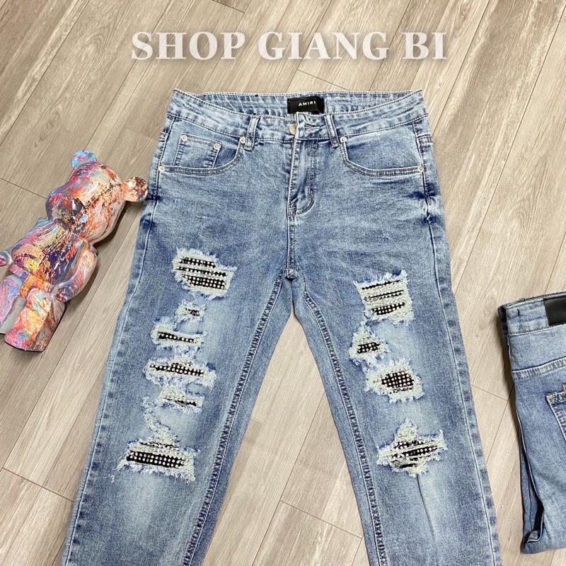 Quần jean nam đính đá trắng,quần bò họa tiết đính đá to rách xước wash màu khói bạc