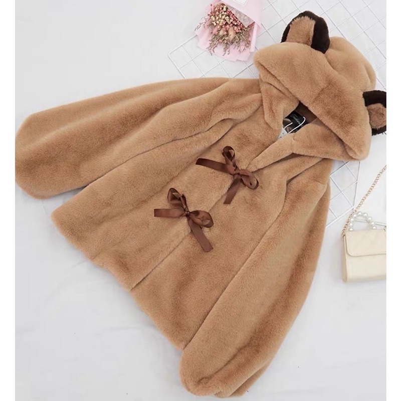 Áo khoác lông mịn có mũ tai gấu đáng yêu