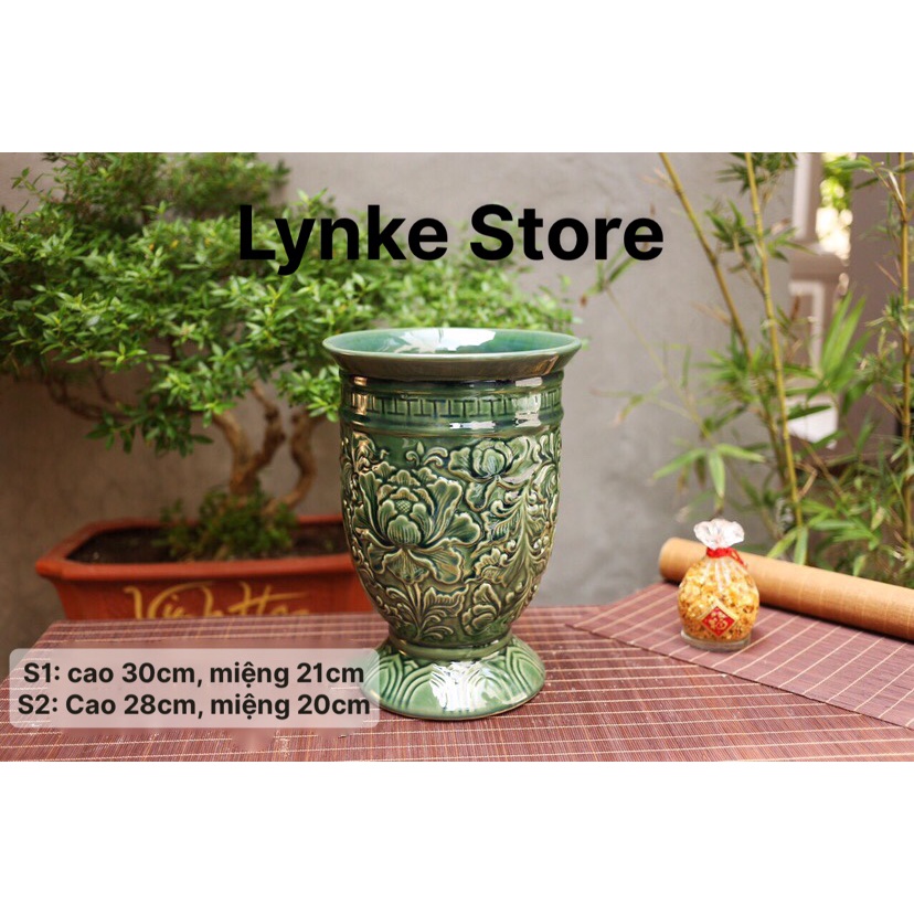 Bình Hoa Lọ Hoa Dáng Ly Miệng Rộng Khắc Nổi Hoa Phù Dung Men Xanh Ngọc Lục Bảo Gốm Sứ Bát Tràng - Lynke Store