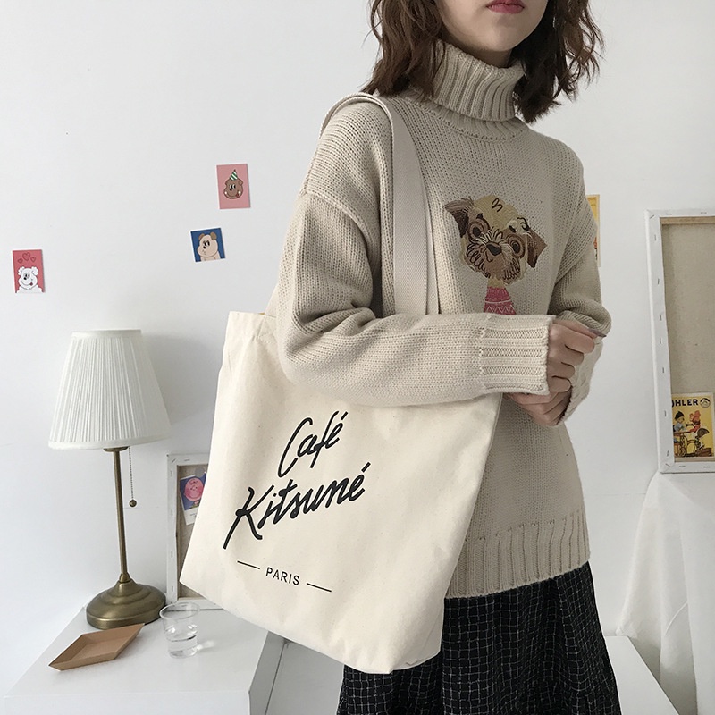 Túi Tote Vải Canvas Cafe kitsune Nữ phong cách Ulzzang Có Khóa Kéo chất liệu dày dặn