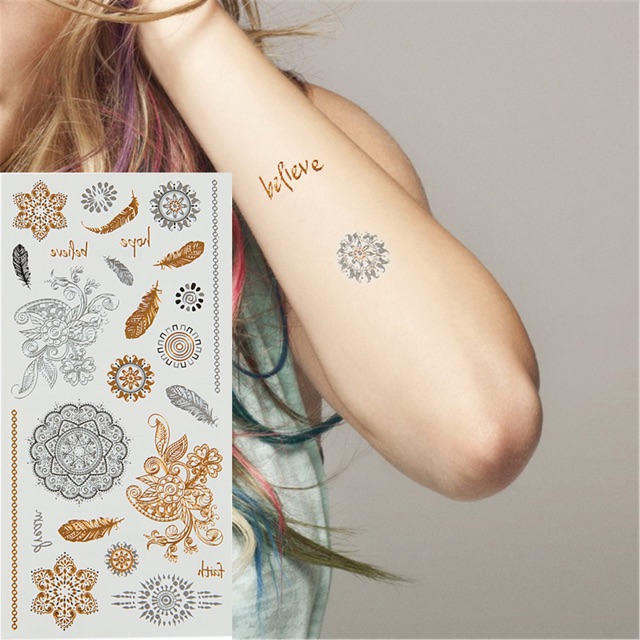Hình xăm dán tatto nhũ ánh kim nghệ thuật 3D họa tiết henna 21*15cm boho style
