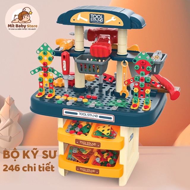 Đồ chơi bộ Kỹ sư lắp ráp kỹ thuật cho bé cỡ lớn 246 chi tiết ốc vít lắp ráp, kèm khoan tay chạy bằng pin