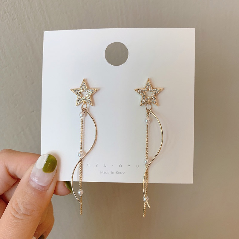 Bông tai dáng dài đính ngọc trai nhân tạo thời trang mới 2021