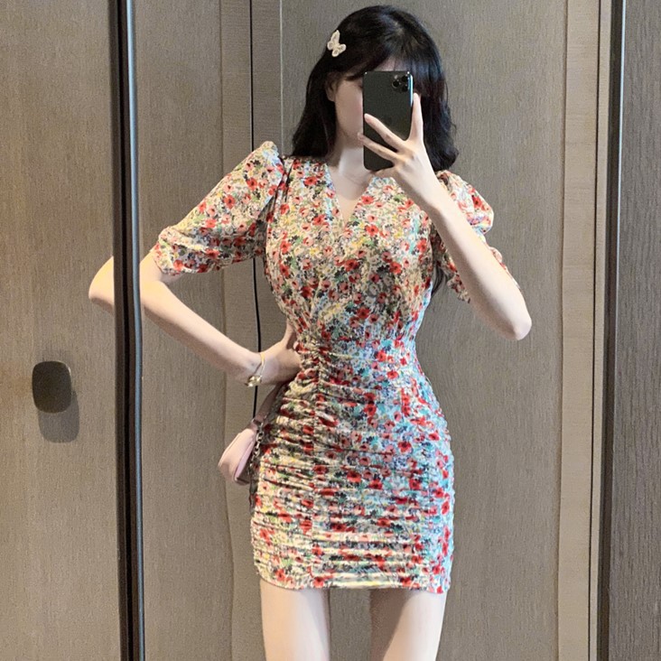 Đầm dáng ôm mini hoa nhí tay ngắn Emilyshop