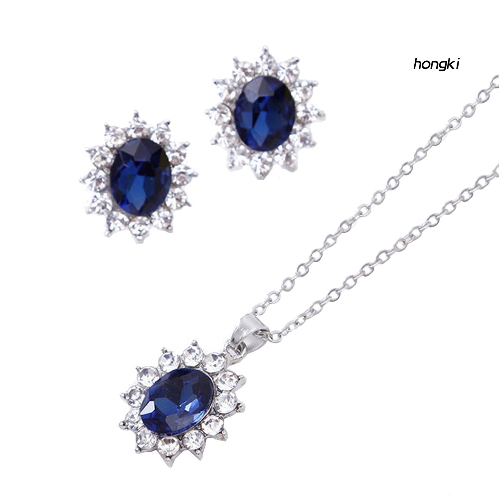 Bộ vòng cổ + bông tai đính đá sapphire nhân tạo thời trang cho nữ