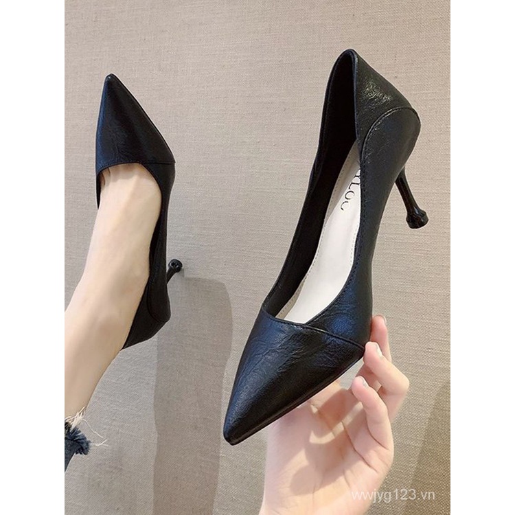 2021Autumn New Black Leather Shoes Pointed Toe Low-Cut Shoes Women's Professional Work Work Stiletto Heel High Heels