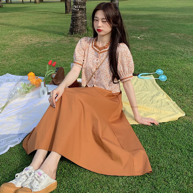 Suit Skirt Women's 2021 Summer New Korean Small Fresh Floral Bubble Sleeve Shirt + Two Piece Skirt