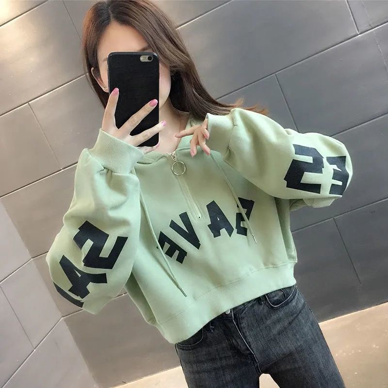 Áo Hoodie Lửng In Chữ Phong Cách Phương Tây Thời Trang Cho Nữ