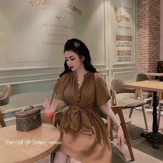 đầm ngắn tay phối nút cột dây eo