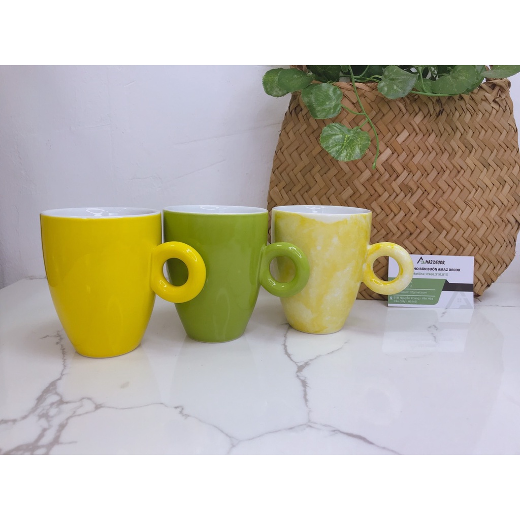 Bộ tách ly cốc sứ uống nước trà latte quai tròn 330ml Bát Tràng các màu  cao cấp kiếu dáng độc lạ