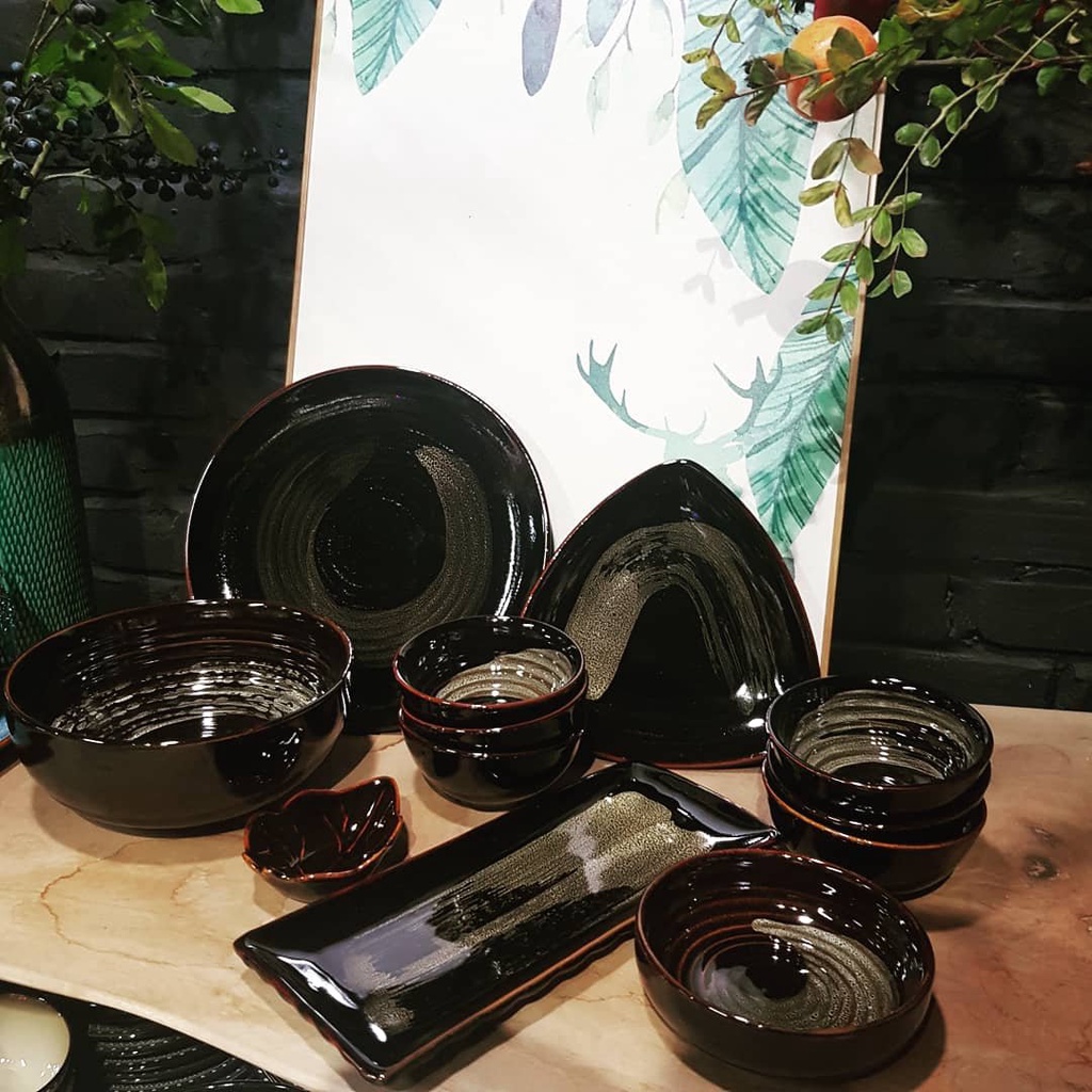 Bộ bát đĩa gốm sứ hỏa biến cao cấp lẻ Men hỏa biến đen phong cách nhật bản