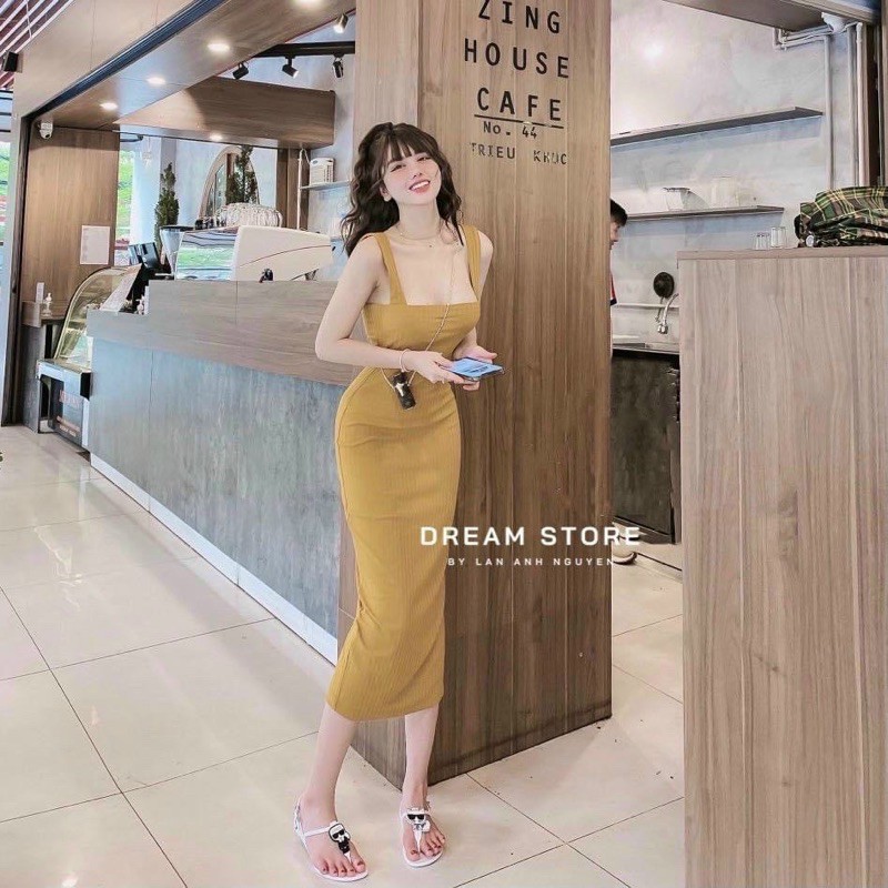 Đầm body from dài 2 dây bản to dài qua gối vải len gân-U