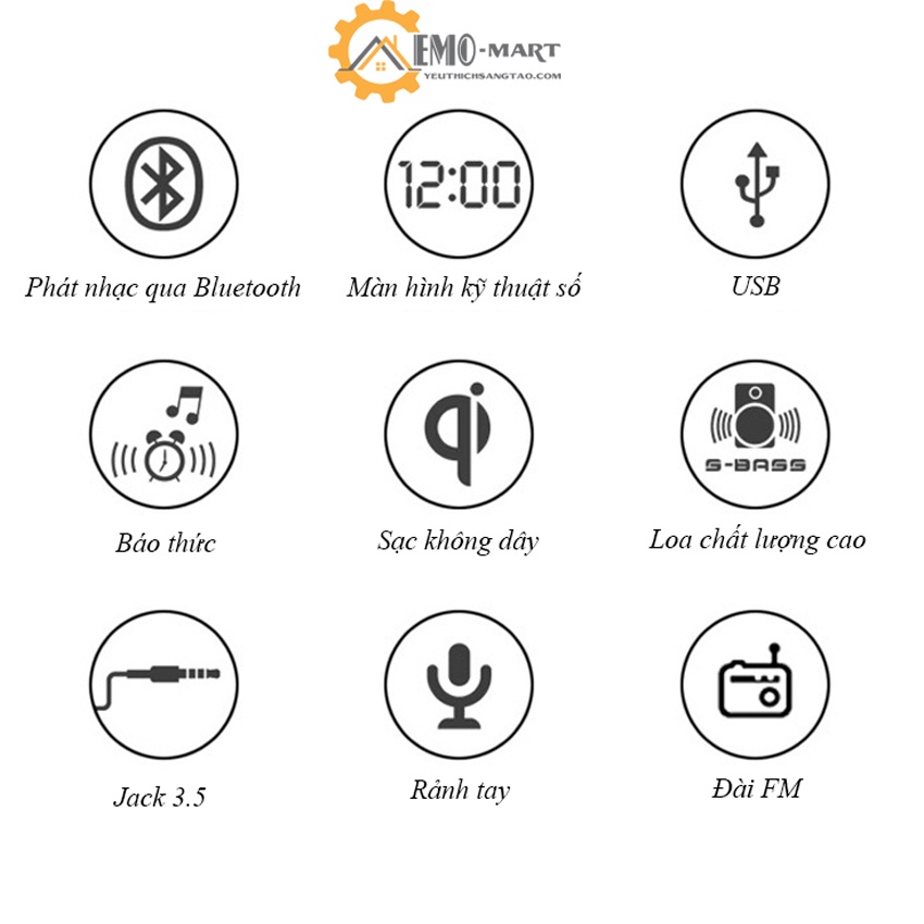 ⚡️𝗕𝗛 𝟭𝟮 𝗧𝗛𝗔́𝗡𝗚⚡️ Đồng hồ báo thức ⚡️ Kèm sạc nhanh không dây 10w - Loa kép bluetooth - Nghe đài lịch tuần thẻ nhớ