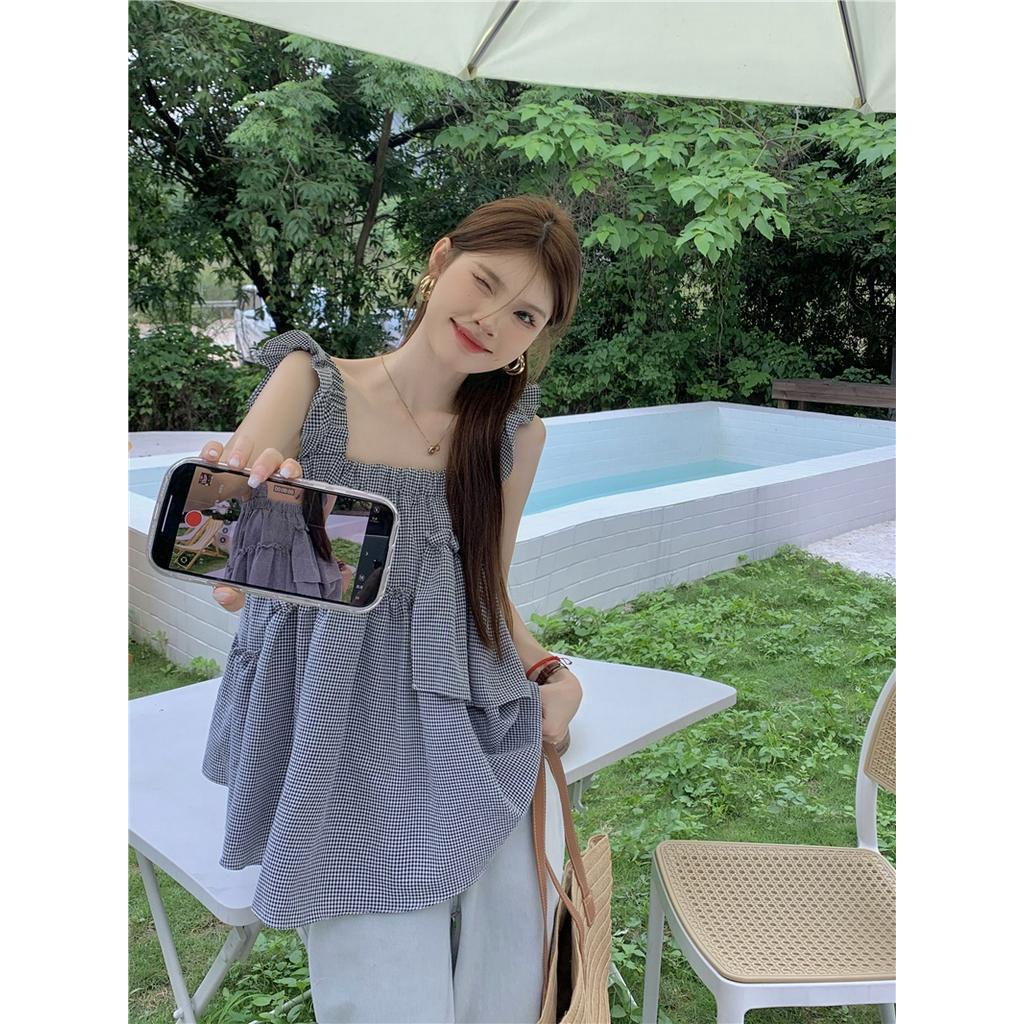 Áo Ống Không Tay Dáng Rộng Họa Tiết Sọc Caro Dễ Thương 63676