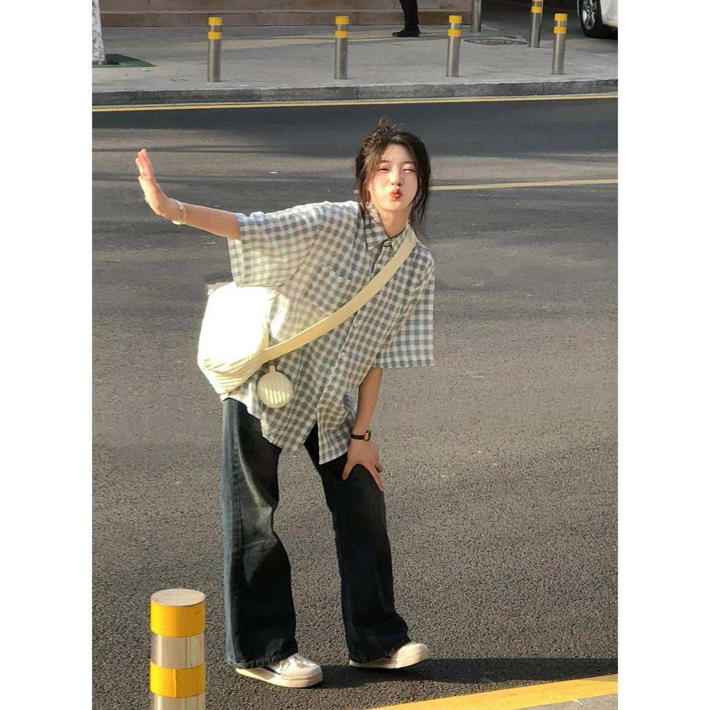 Ethelgirl Áo Sơ Mi Ngắn Tay Họa Tiết Ca Rô Thời Trang Dành Cho Nữ