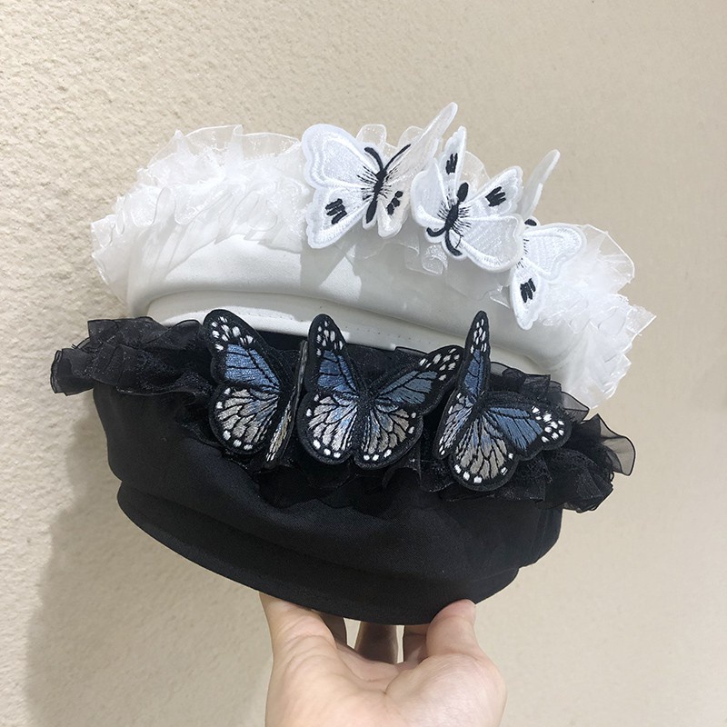 Mũ Beret Thêu Hình Bướm Màu Đen Phong Cách Hàn Quốc Thời Trang Xuân Hè Cho Nữ