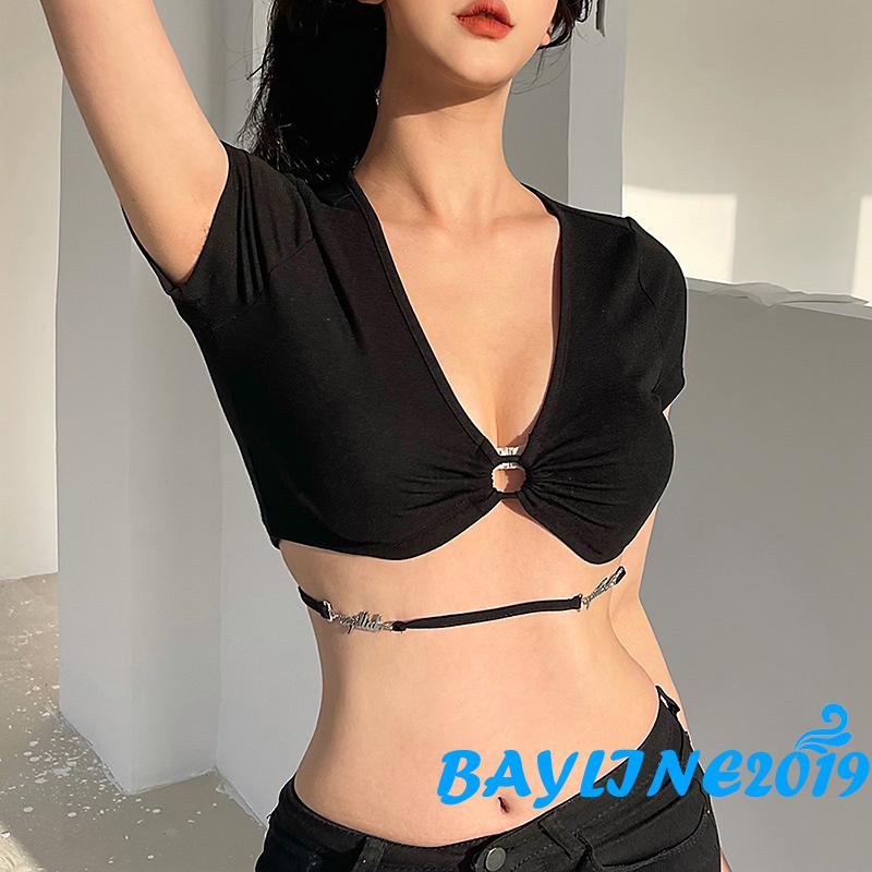 Bay-Women Wrapped Tops, Short Sleeve V Neck Cutout Solid Color Street Party Causal Summer Spring Shirt