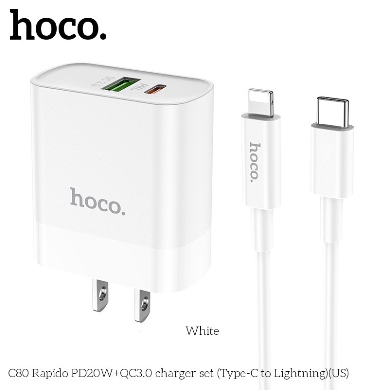 Bộ sạc nhanh 20W chĩnh hãng hoco 2 cổng sạc C80/C80A - Bảo hành 12 tháng