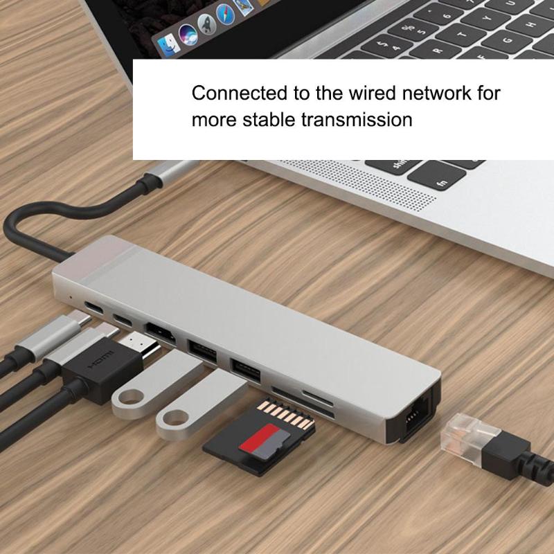 Bộ chuyển nguồn 8 in 1 Type-C HUB USB-C đến 4K HDMI /USB3.0 /RJ45 /PD có khe cắm thẻ nhớ SD/TF