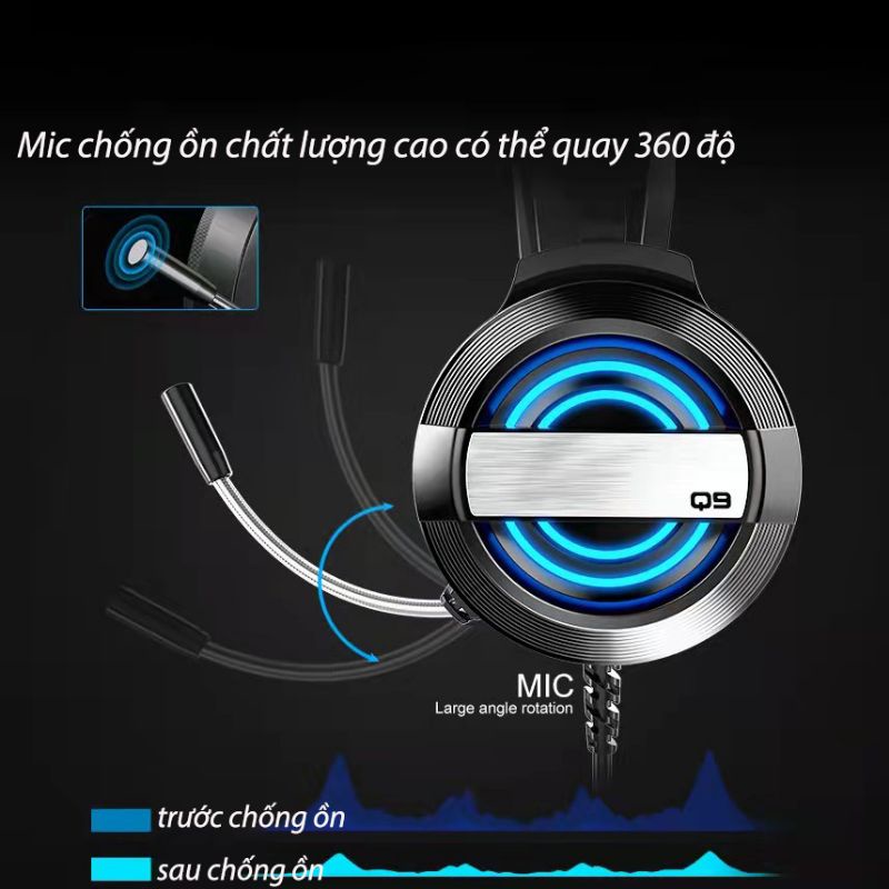 Tai nghe gaming chụp tai MC Q9 cho máy tính điện thoại có mic đèn LED đổi màu siêu đẹp âm thanh HD super Bass