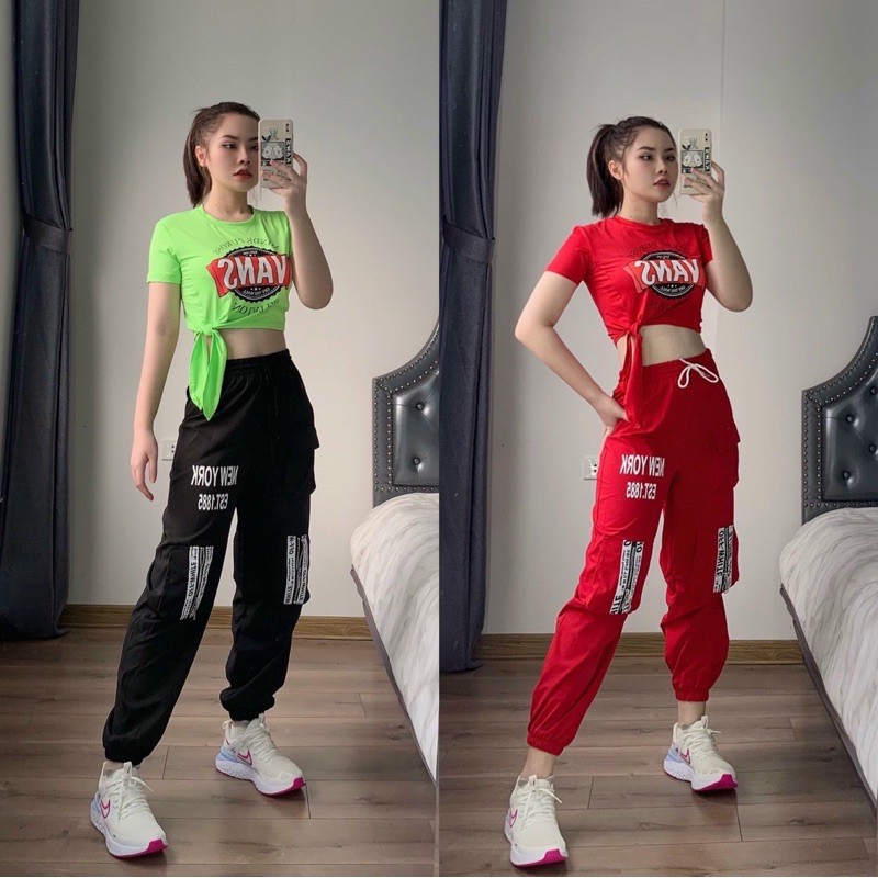 BỘ ĐỒ TẬP GYM, ZUMBA, AEROBIC GỒM JOGGER TÚI HỘP CHẤT GIÓ VÀ ÁO CROPTOP CHẤT THUN MỀM MÁT FORM RỘNG