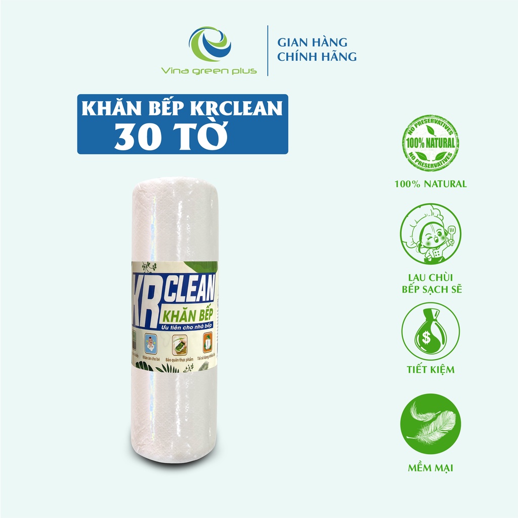 Khăn lau bếp KR Clean Trắng Cuộn 30 tờ, khổ 20x25 - Tái sử dụng đến 10 lần