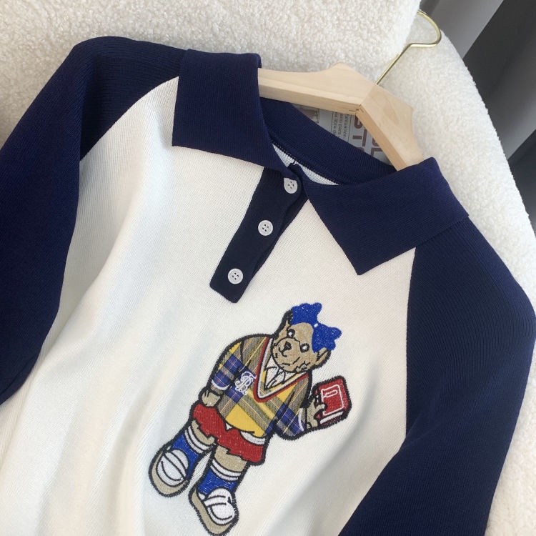 Áo sweater Cổ polo Thêu Hình Gấu Mới Phong Cách Mùa Thu Cho Nữ
