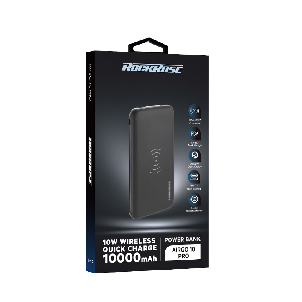 Sạc Dự Phòng Kiêm Sạc Không Dây 10000mAh ROCKROSE Airgo 10 Pro QC 3.0 - Cổng USB A/ Type C Sạc Nhanh Cho Iphone/ Android