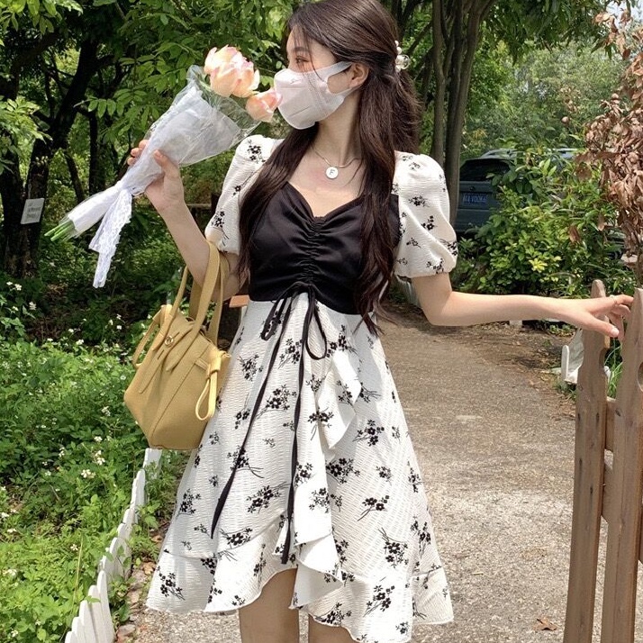 Đầm hoa PERTY cổ vuông dáng chữ A phong cách Hàn Quốc thời trang cho nữ