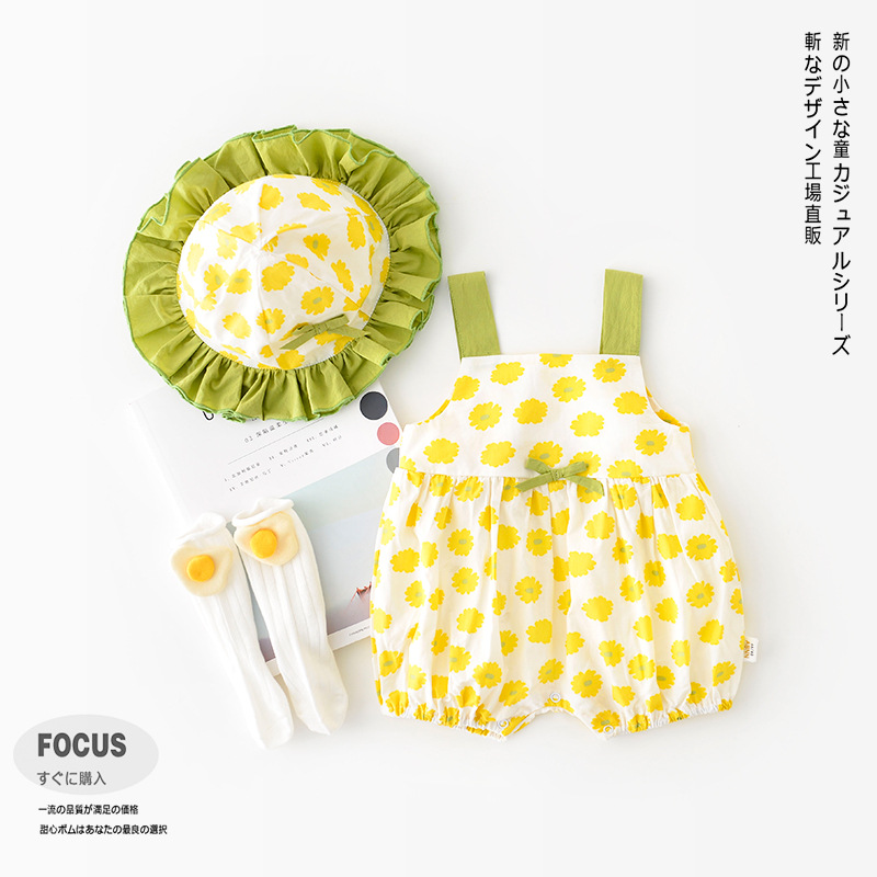 Newborn Flower Print Romper +  Hat Bundles Baby Girls Summer Sleeveless Clothes Set