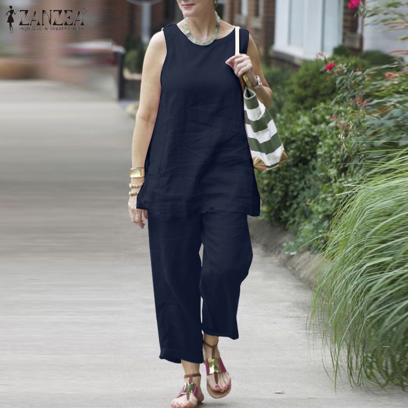 Zanzea Set Áo Sát Nách Phối Quần Dài Ống Rộng Thời Trang Nữ