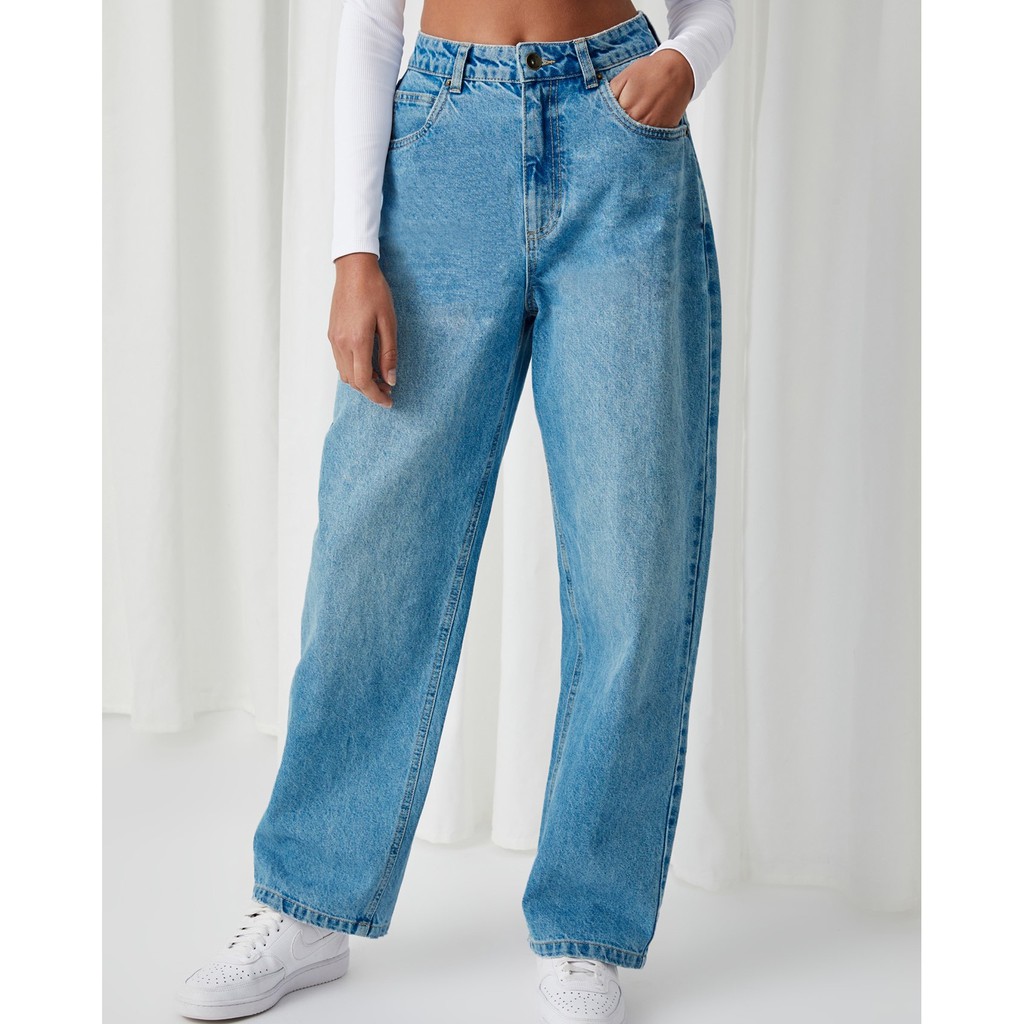 Quần Jeans Nữ Lưng Cao Ống Suông Rộng Màu Xanh Wash Đùi L-02B