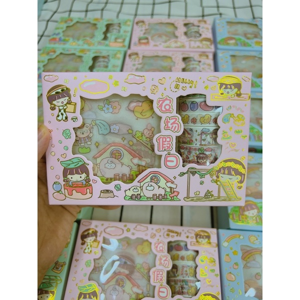Hộp 6 sticker và 6 washi tape các màu trang trí takenote