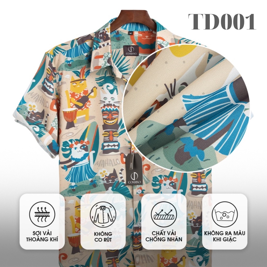 Áo sơ mi nam nữ hoạ tiết ALOHA , sơ mi đi biển ngắn tay vải lụa cotton mềm mịn thấm hút mồ hôi, không nhăn Tibelda TD001