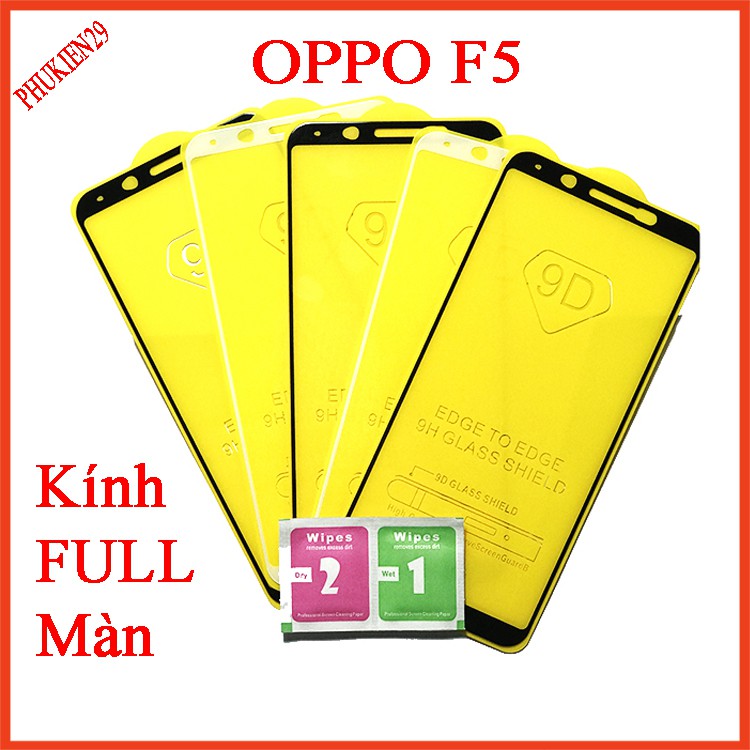 Kính cường lực Oppo F5  full màn hình, Ảnh thực shop tự chụp, tặng kèm bộ giấy lau kính  taiyoshop2