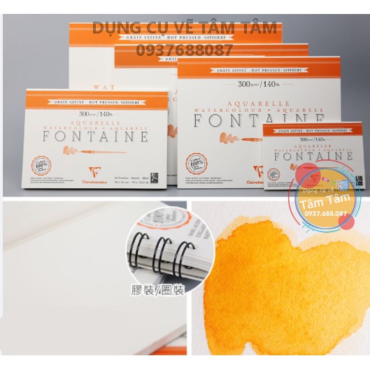 [ TÂM TÂM ]-Sổ vẽ màu nước Clairefontaine Aquarelle Fontaine watercolor hotpress 300gsm 12 sheets-