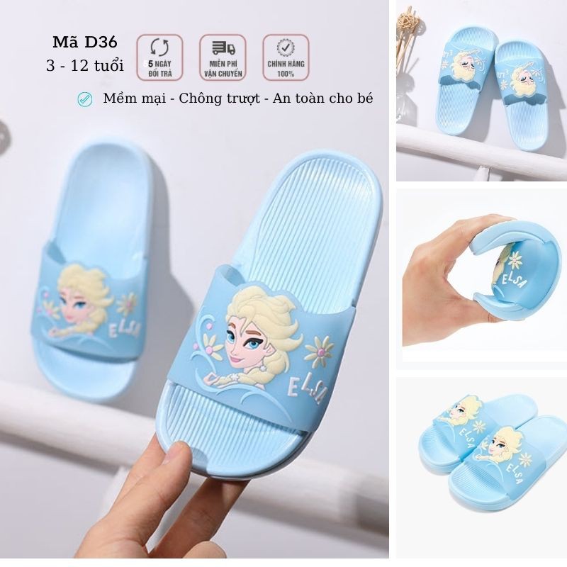 DÉP QUAI NGANG bé gái màu xanh hình công chúa Elsa, đế cao su chống trơn trượt, siêu nhẹ cho trẻ em 2 - 12 tuổi D36