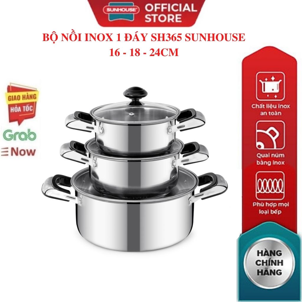 Bộ nồi inox 1 đáy bếp từ SUNHOUSE SH365-2022 vung kính cường lực trong suốt dễ dàng quan sát