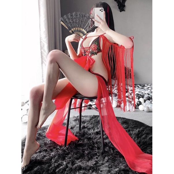 LL2460 Cosplay Cổ Trang Trung Hoa Phong Cách Gợi Cảm Quyến Rũ - Bodysuit Phối Tua Rua Đỏ Bắt Mắt
