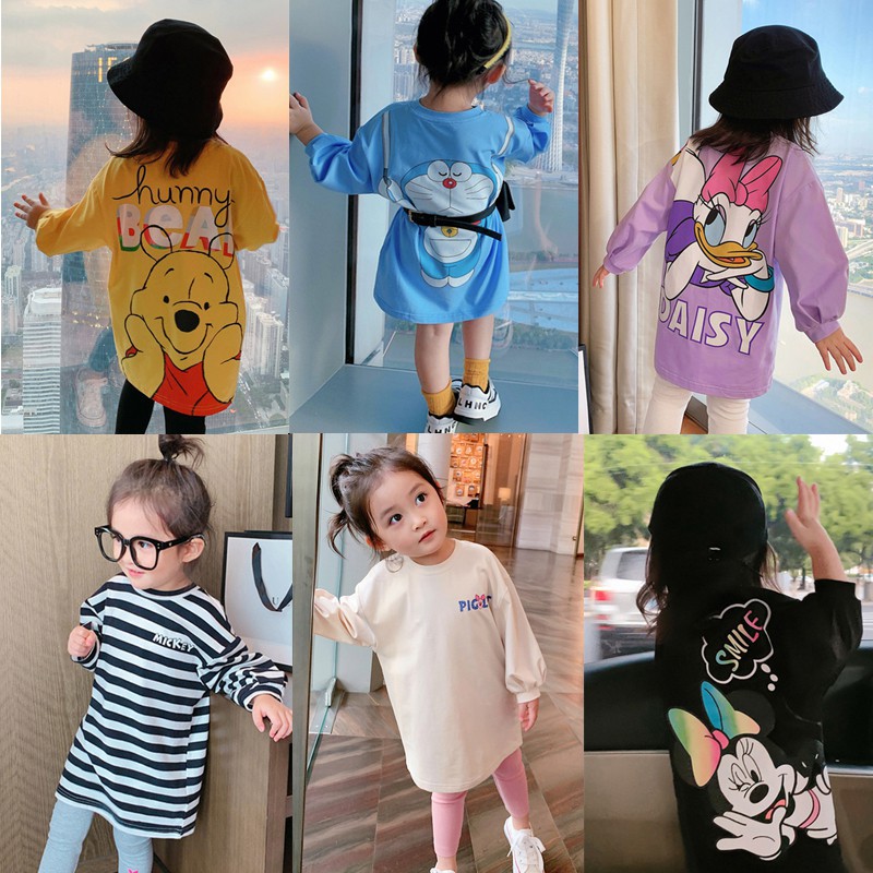 Đầm thun cotton in hoạt hình phía sau phong cách Hàn Quốc cho bé gái