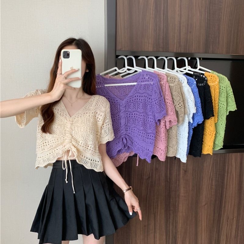 Áo Dệt Kim Tay Lửng Cổ Chữ v Thời Trang Hàn Quốc Cho Nữ