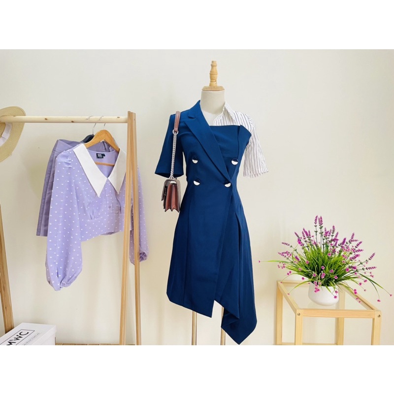 Đầm sơmi phối kẻ sọc tà váy xéo cao cấp Vero Moda