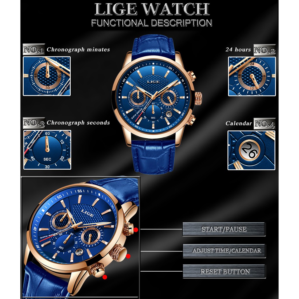 LIGE Đồng Hồ Dây Da Thể Thao Chống Thấm Nước Cho Nam | BigBuy360 - bigbuy360.vn