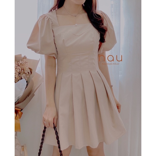 Đầm chít eo tay phồng chất kaki hàn sang chảnh 2 màu trắng-kem | BigBuy360 - bigbuy360.vn