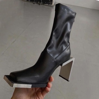 Boots cao gót vuông đế kim loại , giày cao gót cao cổ độc lạ , Cá tính SEXy