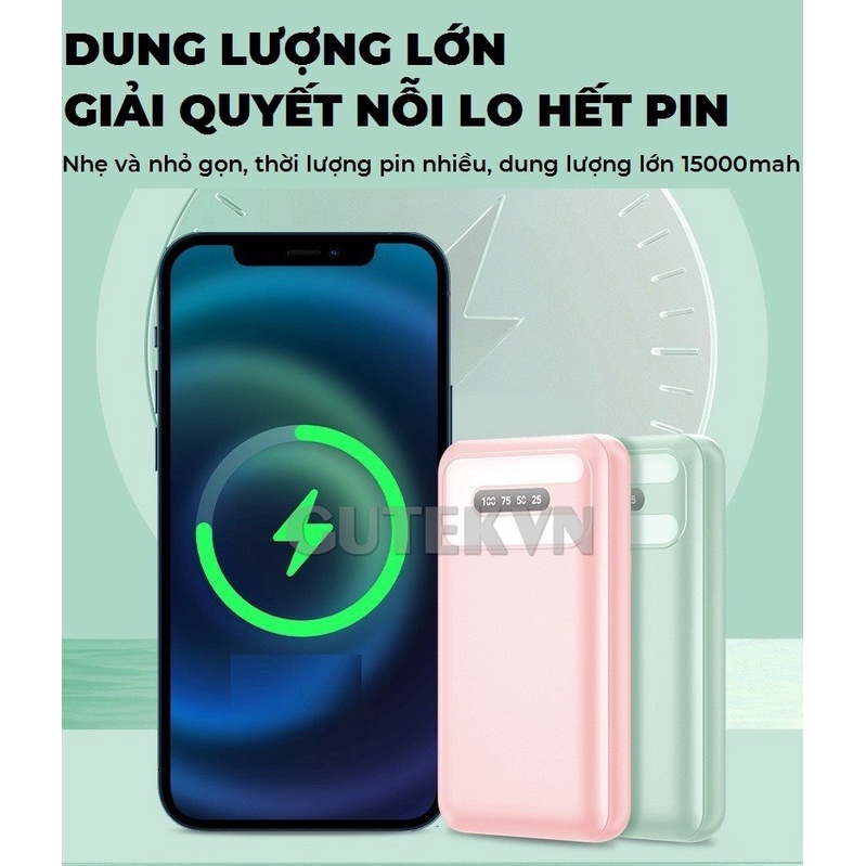 Sạc dự phòng không dây sạc nhanh 22,5W pin 15000mah mini nhỏ gọn cho từ ip 8/X/11/12/13 – Gutek RCT-015