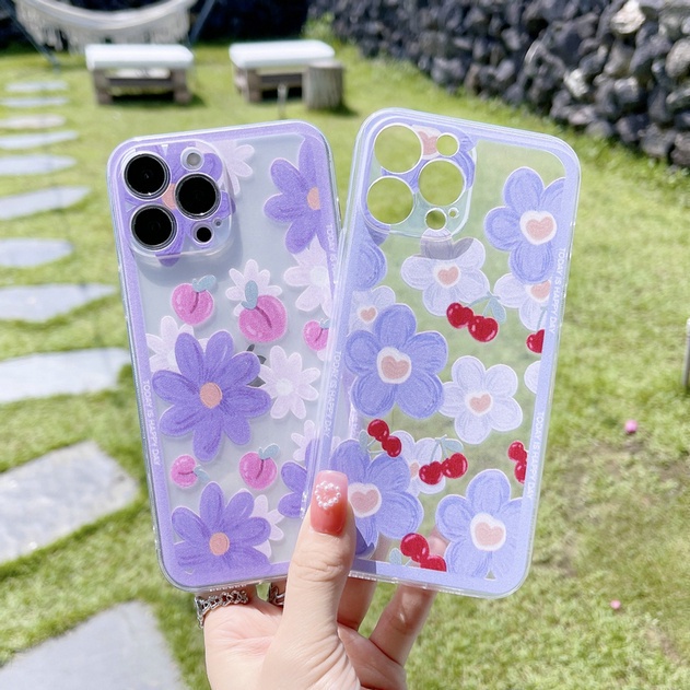 Casing Vivo V21e V21 5G V20 V15 S1 Pro V11i V5 V5s V5Lite Straight Edge Lens Protection Fine Hole Clear Shockproof Soft Phone Case Bow Chain Cherry Peach Flowers Back Cover CES 12